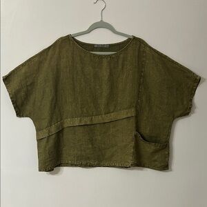 Beau Jours Top Women’s XL Olive Green Linen Lagenlook Boxy Beach